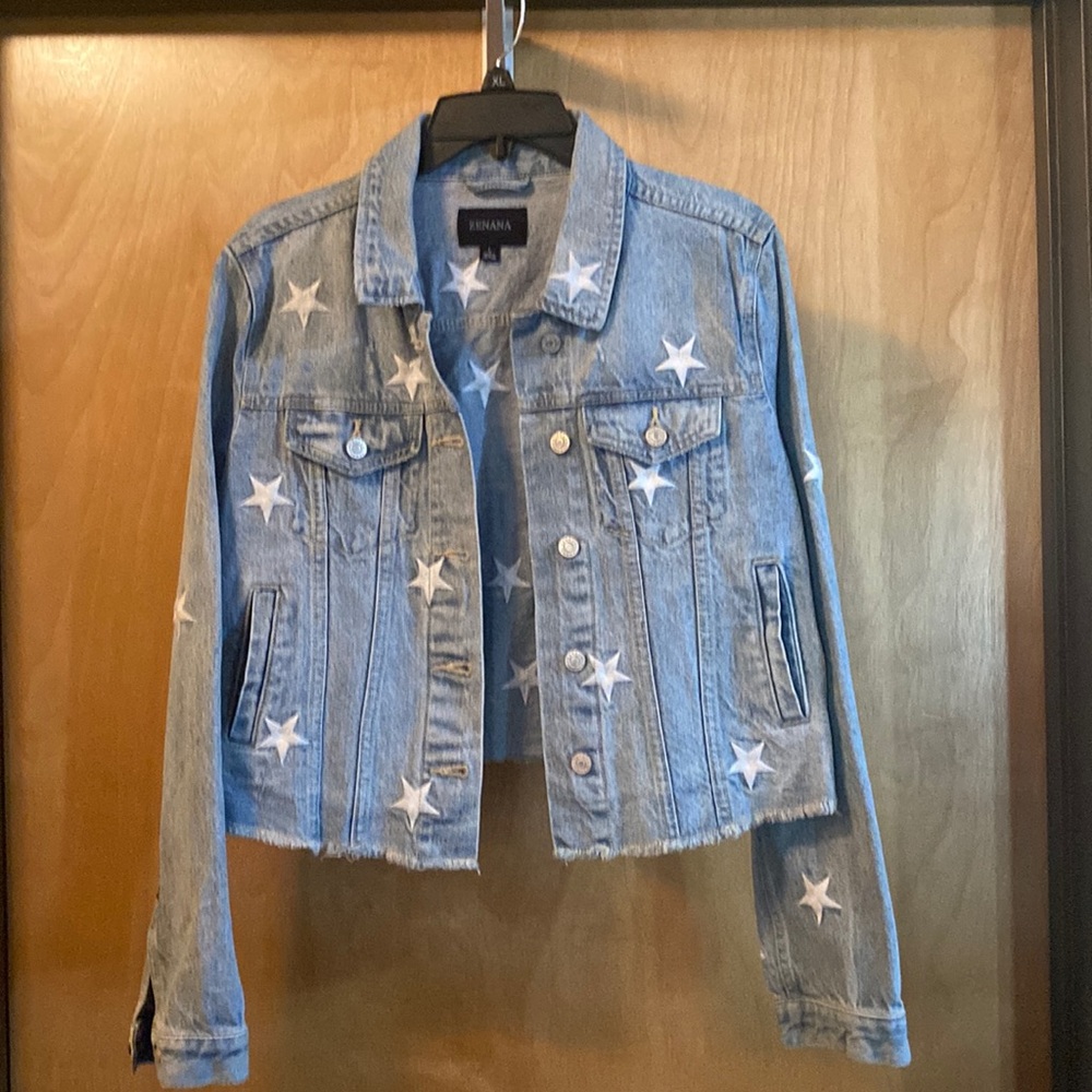 Zenana Outfitters Blue Denim Jacket with White Stars